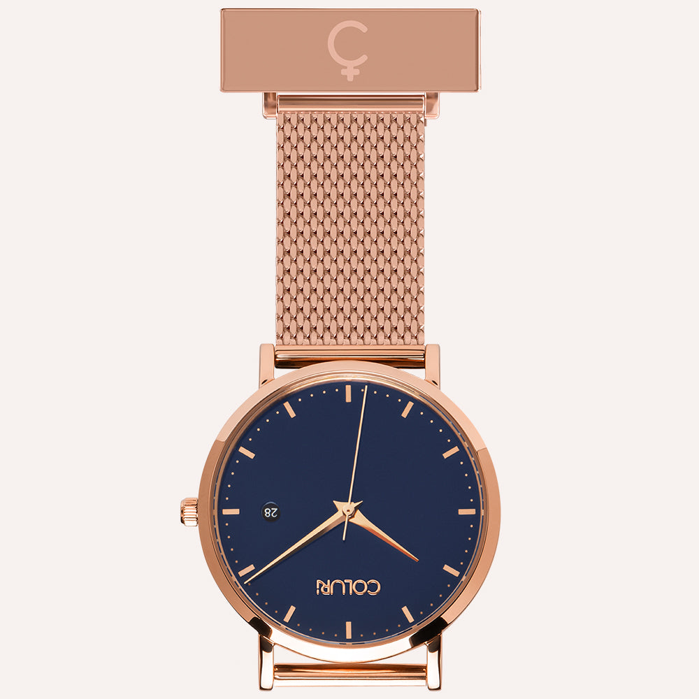 Blue Dial Nurse Watch with 18K Rose Gold Case and Mesh Band by COLURi