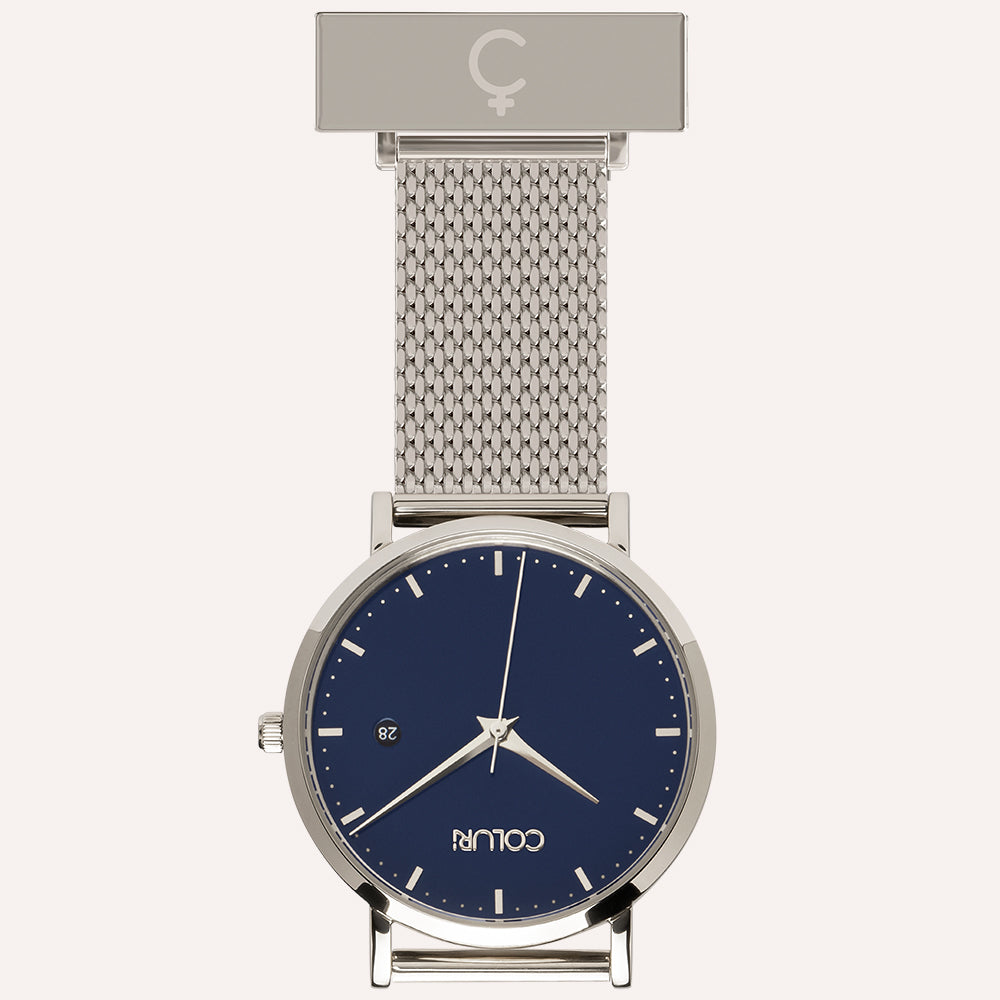 Blue Dial Nurse Watch with 925 Silver Case and Mesh Band by COLURi