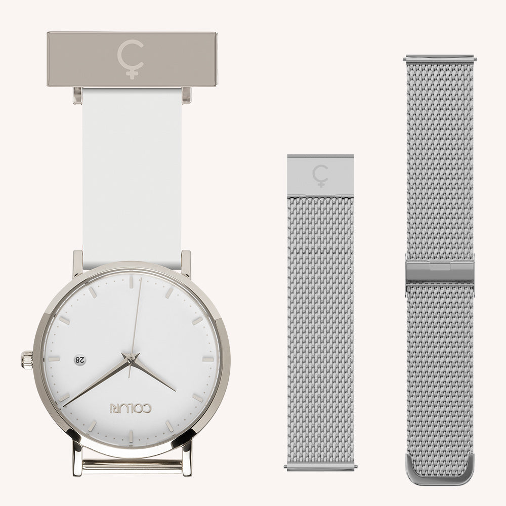 White Dial Nurse Watch with 925 Silver Case and Silicone Band by COLURi