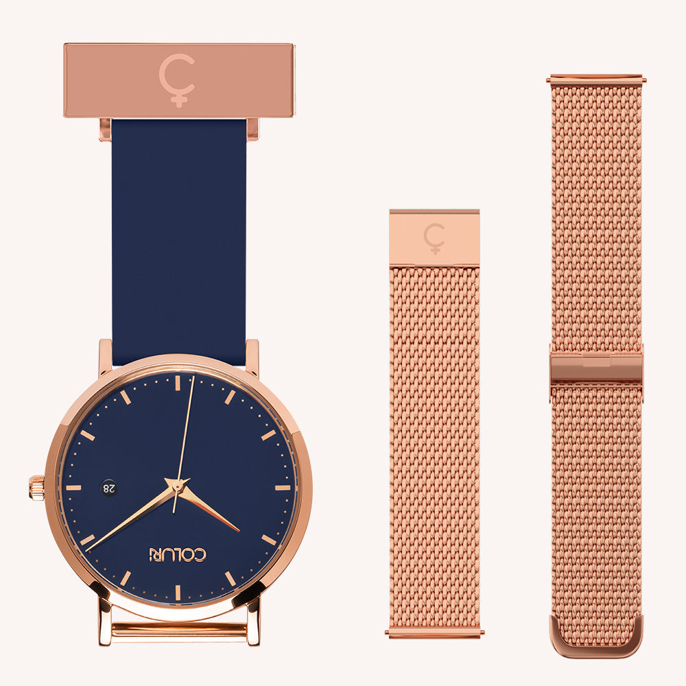 Blue Dial Nurse Watch with 18K Rose Gold Case and Silicone Band by COLURi