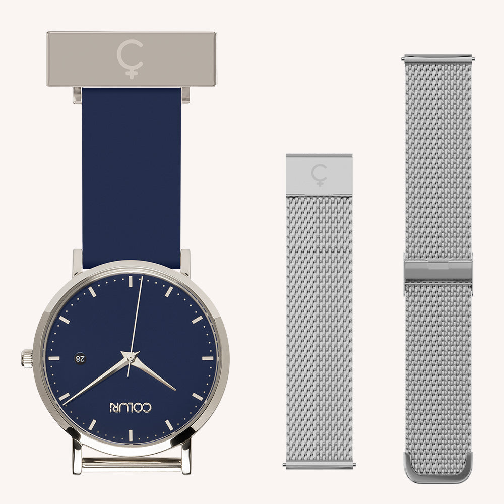 Blue Dial Nurse Watch with 925 Silver Case and Silicone Band by COLURi