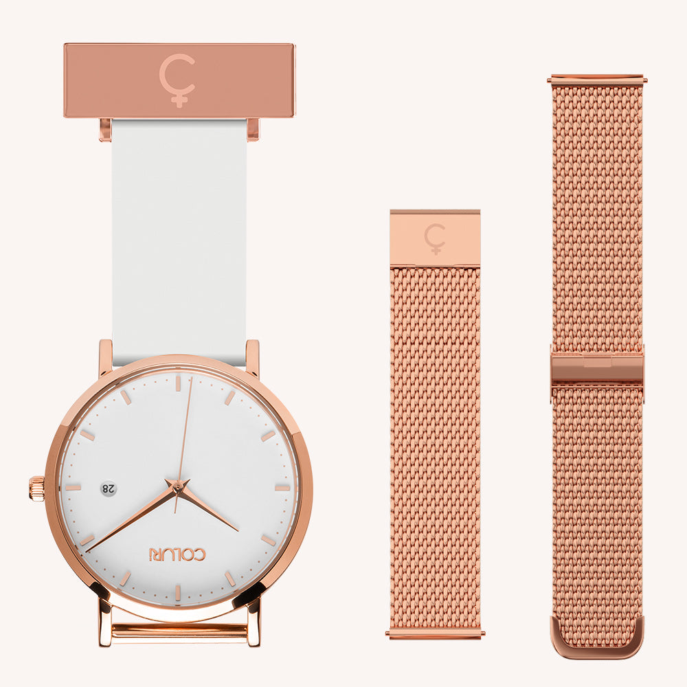 White Dial Nurse Watch with 18K Rose Gold Case and Silicone Band by COLURi