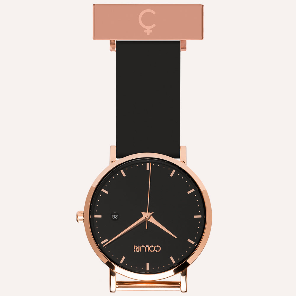 Black Dial Nurse Watch with 18K Rose Gold Case and Silicone Band by COLURi
