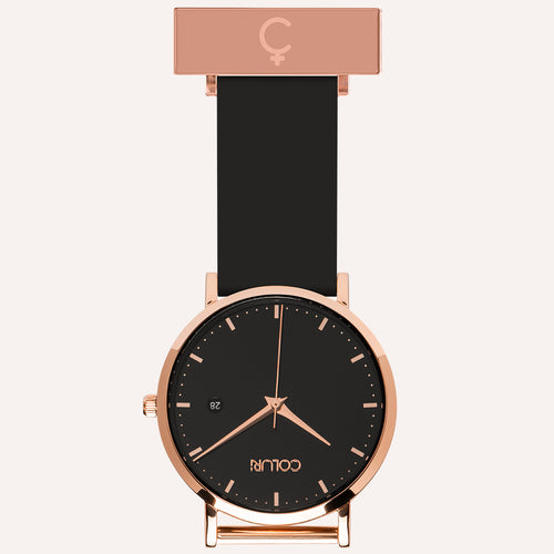 Black Dial Nurse Watch with 18K Rose Gold Case and Silicone Band by COLURi
