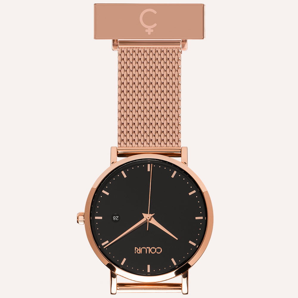 Black Dial Nurse Watch with 18K Rose Gold Case and Mesh Band by COLURi
