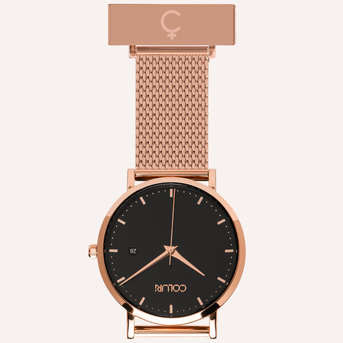Black Dial Nurse Watch with 18K Rose Gold Case and Mesh Band by COLURi
