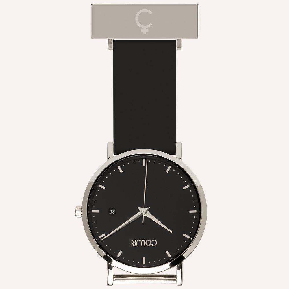 Black Dial Nurse Watch with 925 Silver Case and Silicone Band by COLURi
