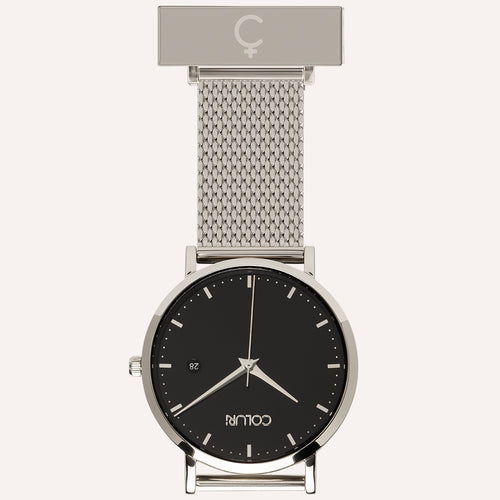 Black Dial Nurse Watch with 925 Silver Case and Mesh Band by COLURi
