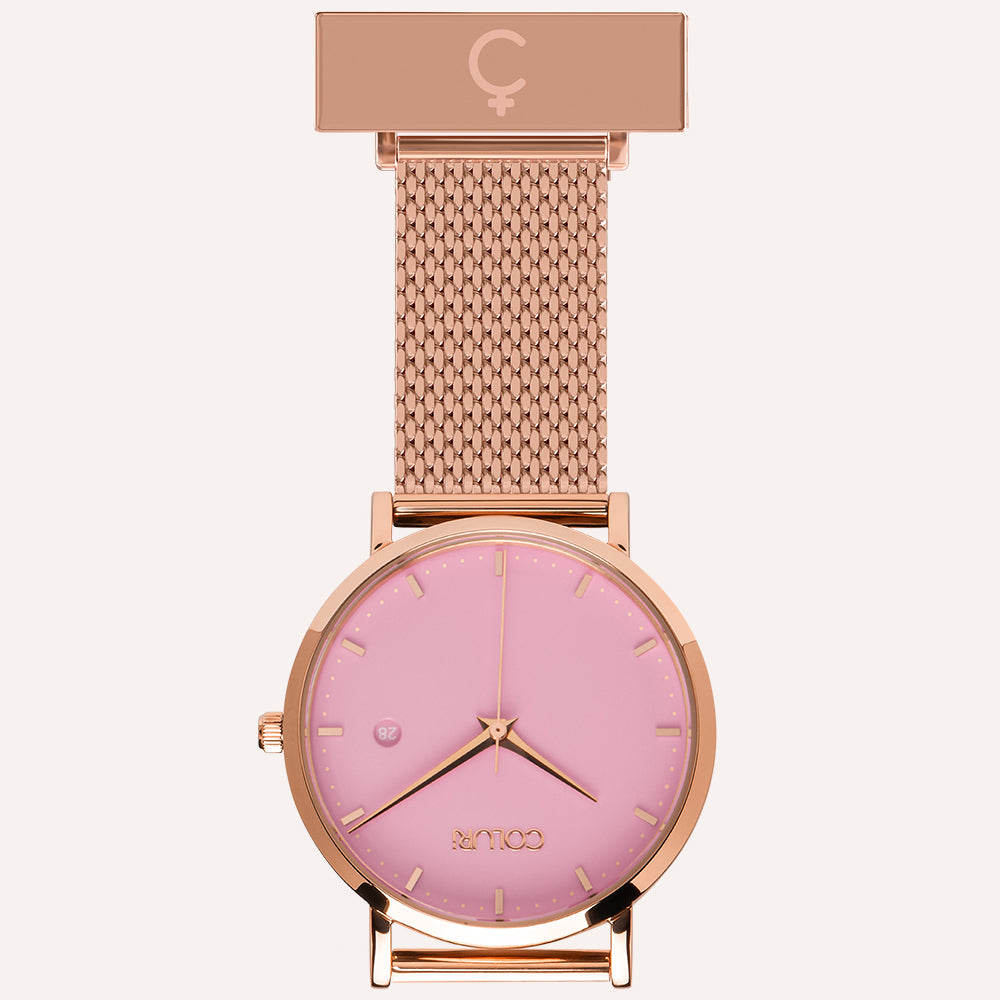 Pink Dial Nurse Watch with 18K Rose Gold Case and Mesh Band by COLURi

