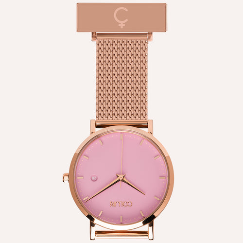 Pink Dial Nurse Watch with 18K Rose Gold Case and Mesh Band by COLURi
