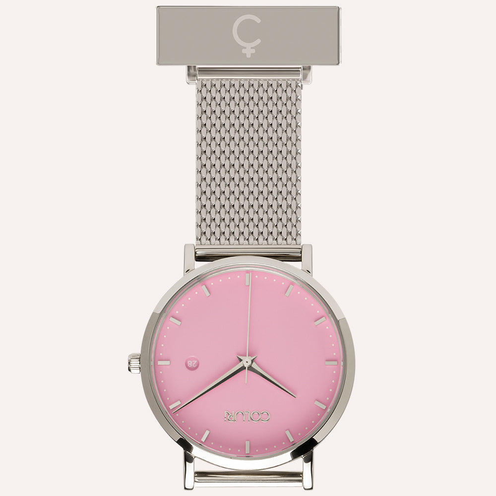 Pink Dial Nurse Watch with 925 Silver Case and Mesh Band by COLURi
