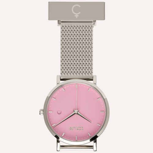Pink Dial Nurse Watch with 925 Silver Case and Mesh Band by COLURi
