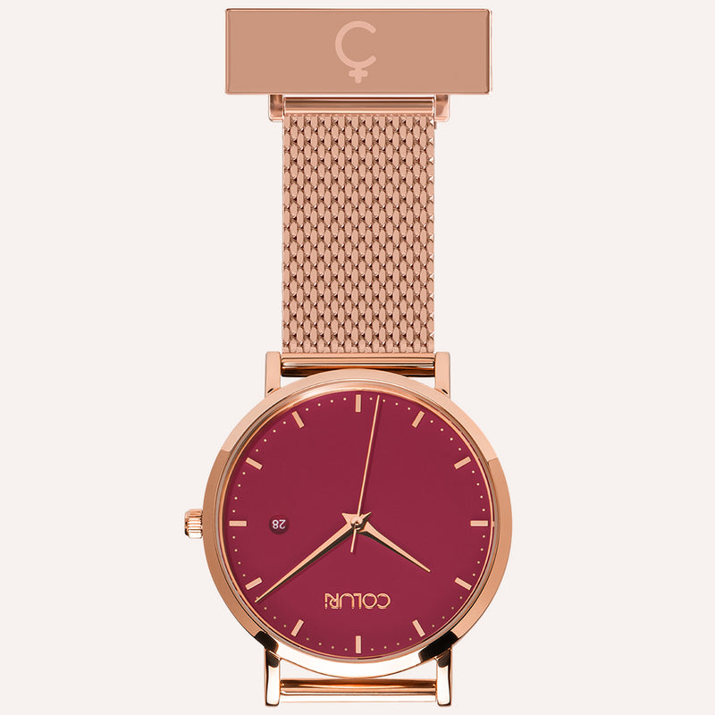 Red Dial Nurse Watch with 18K Rose Gold Case and Mesh Band by COLURi
