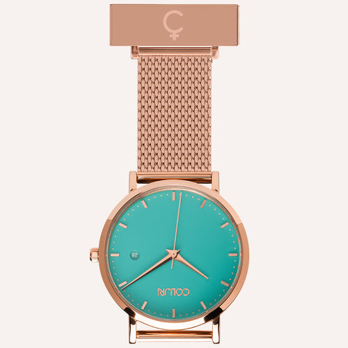 Green Dial Nurse Watch with 18K Rose Gold Case and Mesh Band by COLURi

