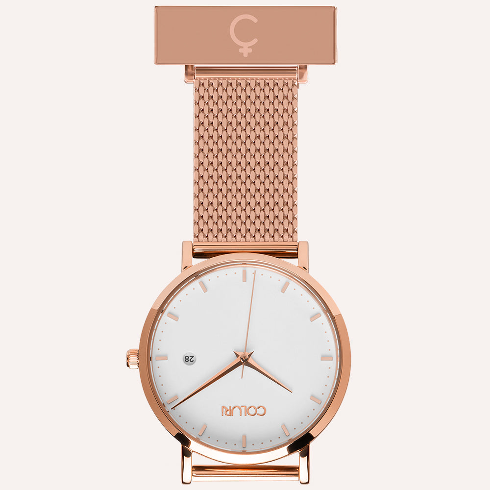 White Dial Nurse Watch with 18K Rose Gold Case and Mesh Band by COLURi
