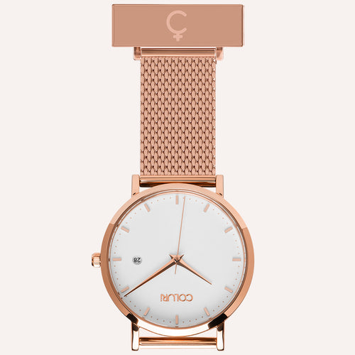 White Dial Nurse Watch with 18K Rose Gold Case and Mesh Band by COLURi
