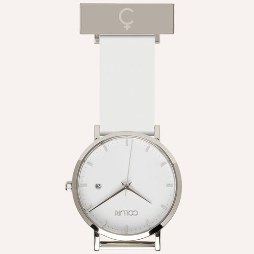 White Dial Nurse Watch with 925 Silver Case and Silicone Band by COLURi
