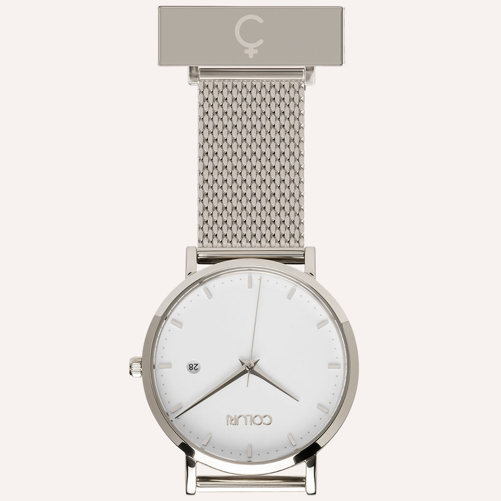 White Dial Nurse Watch with 925 Silver Case and Mesh Band by COLURi

