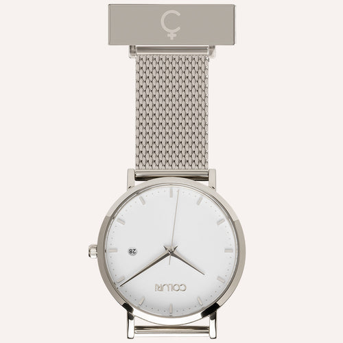 White Dial Nurse Watch with 925 Silver Case and Mesh Band by COLURi
