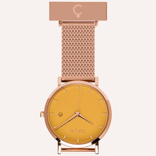 Yellow Dial Nurse Watch with 18K Rose Gold Case and Mesh Band by COLURi
