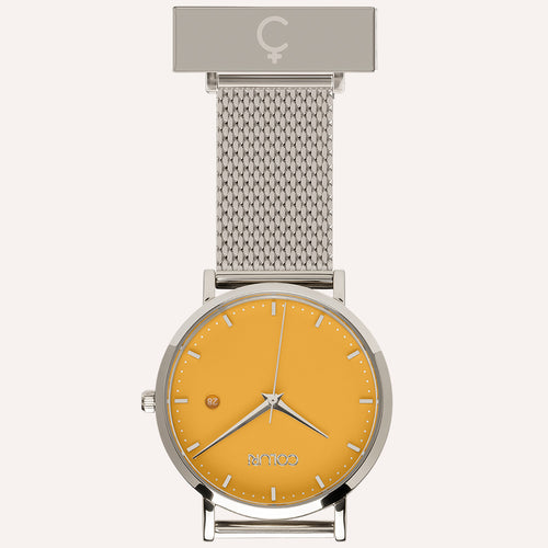 Yellow Dial Nurse Watch with 925 Silver Case and Mesh Band by COLURi
